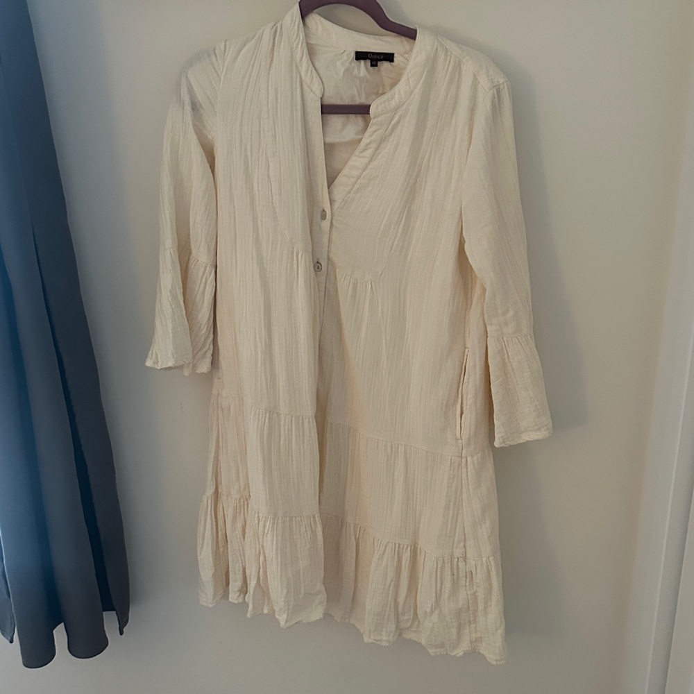 Quince cream organic cotton gauze long sleeved tiered mini dress
